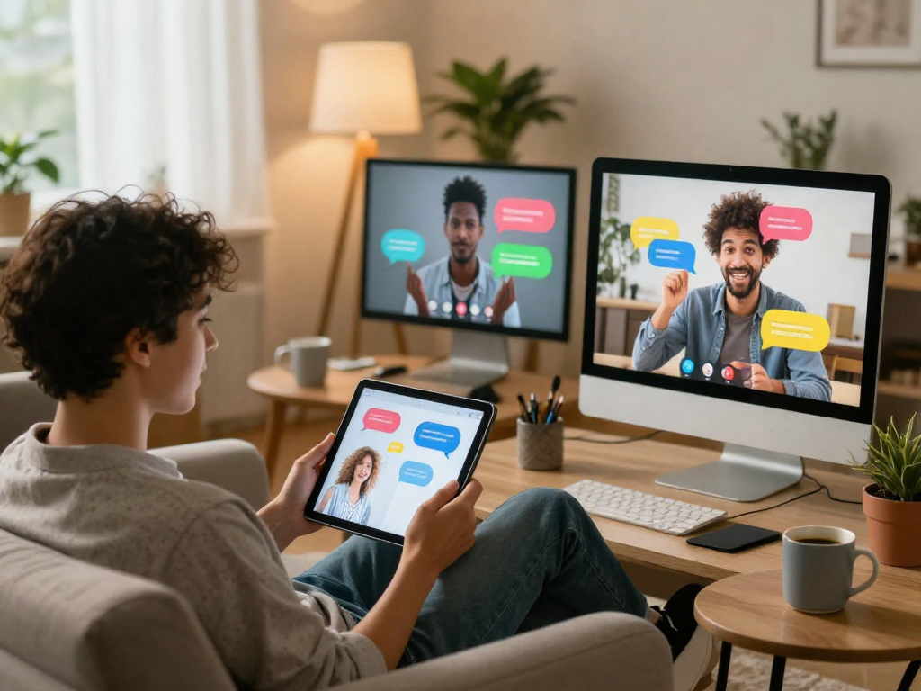 Engaging nsfw ai chat scene with diverse users enjoying fun interactions on digital devices in a cozy and inviting environment.