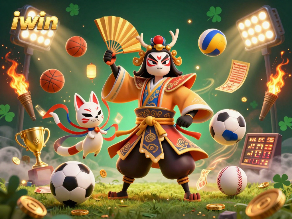 Experience the thrill of sports betting with iwin's dynamic 3D digital illustration showcasing a kabuki warrior and games elements.