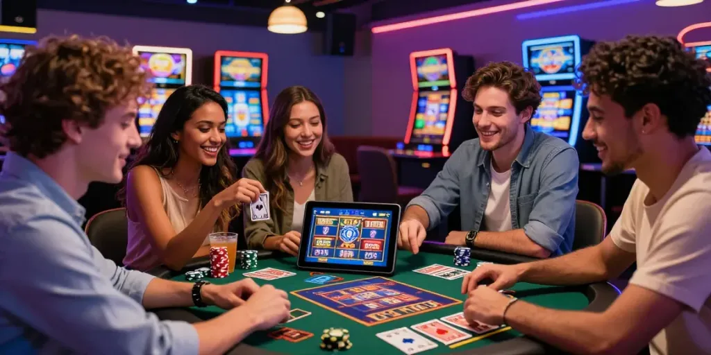Friends enjoying a lively online casino session, showcasing casinos not on gamstop in an engaging gaming environment.