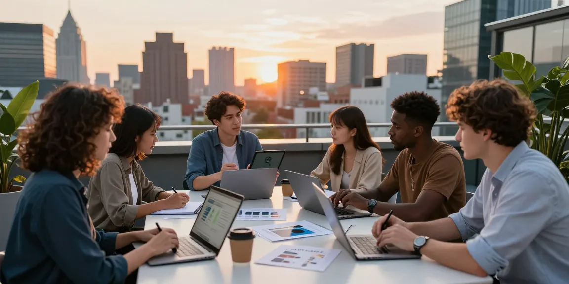Collaborative brainstorming session about rokok88 link in a rooftop urban setting during sunset.