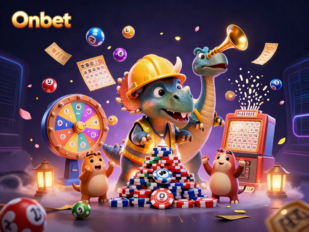 Onbet features a cartoon triceratops building poker chip stacks amidst vibrant lottery elements.