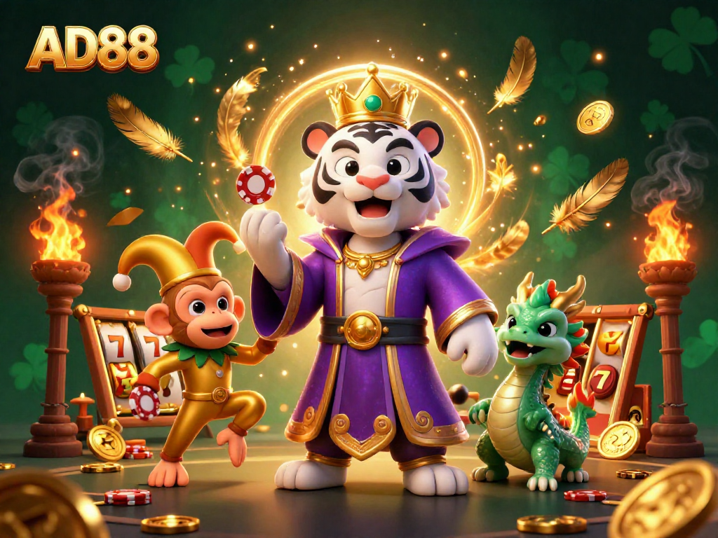 Experience the excitement of AD88 with vibrant 3D characters in a lively casino scene.