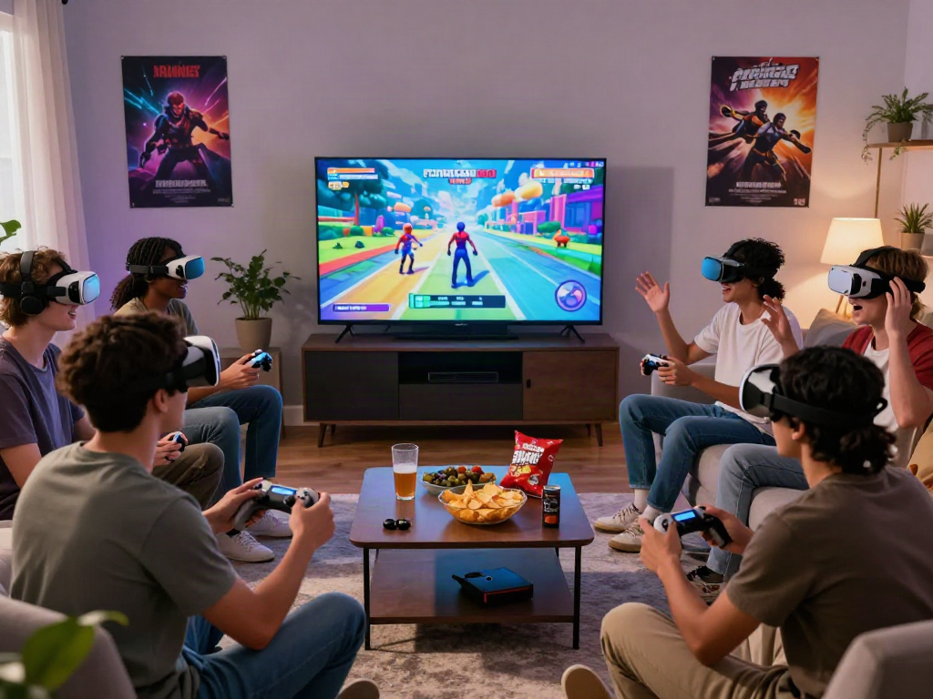 Engaged group playing a porngame in a vibrant living room, showcasing gaming excitement.