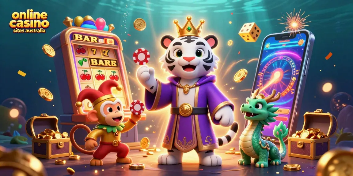 Experience thrills at online casino sites Australia with a vivid scene of a playful casino atmosphere.