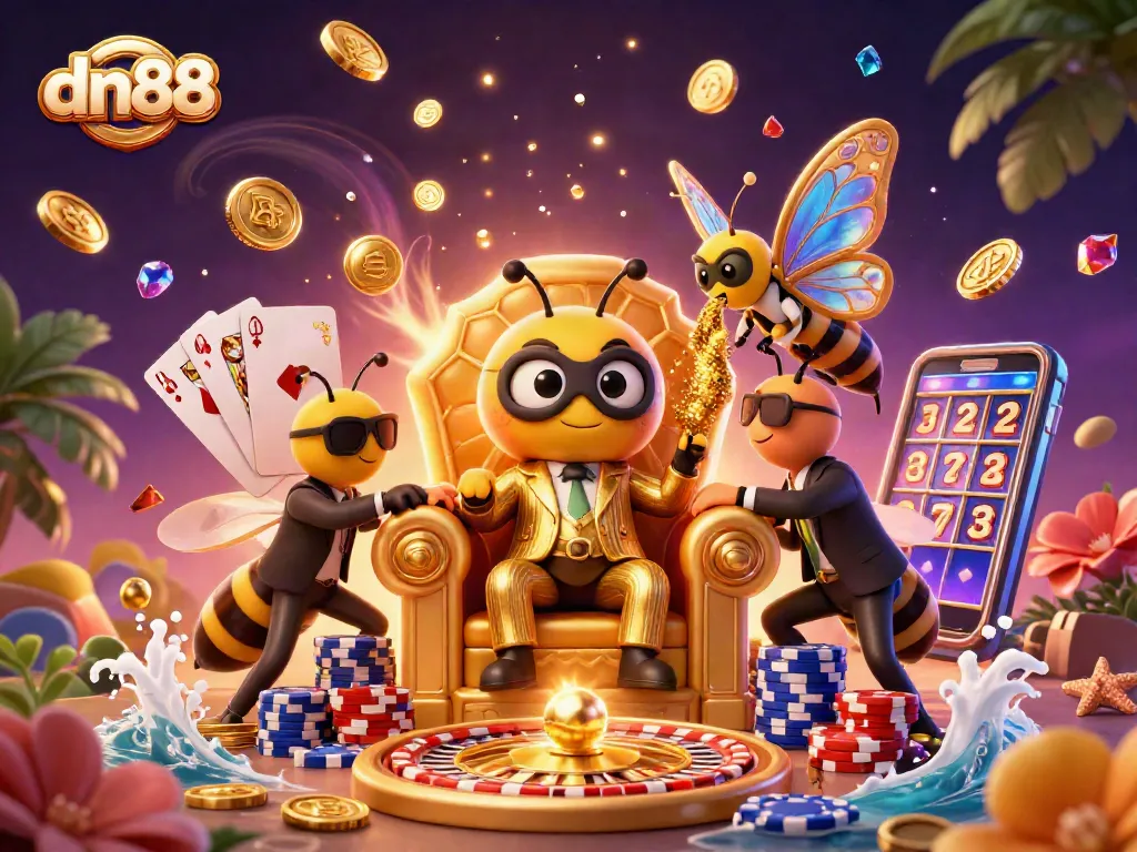 Experience the thrill of dn88 with vibrant 3D casino characters amidst cascading coins and dynamic gaming elements.