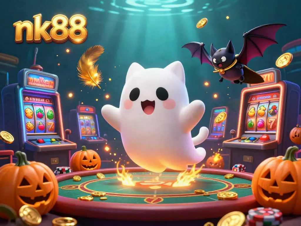 Experience the thrill of nk88 with ghost cat characters in a dazzling casino scene rich with golden games.