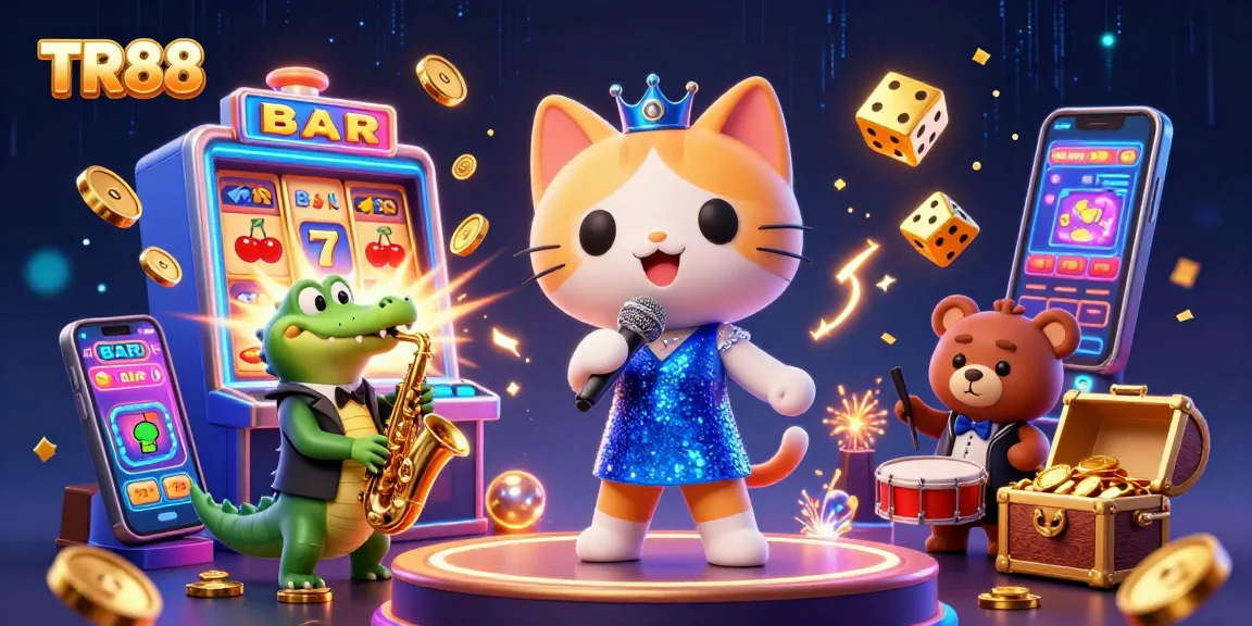 Experience TR88 through a vibrant casino scene with jazz characters, exploding jackpots, and spinning slots.