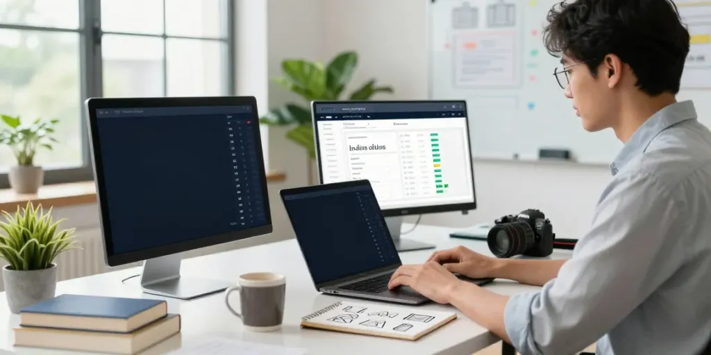Digital marketer analyzing instant indexing strategies in a bright office.