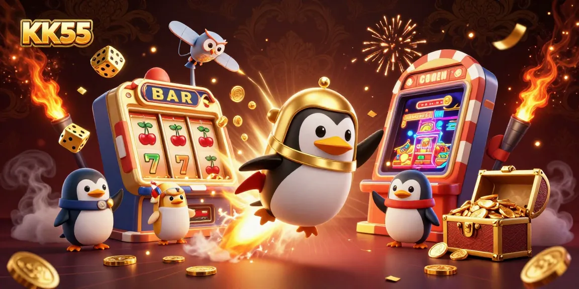 Engage with KK55 as a golden penguin blasts coins into a casino adventure with slots and jackpots.