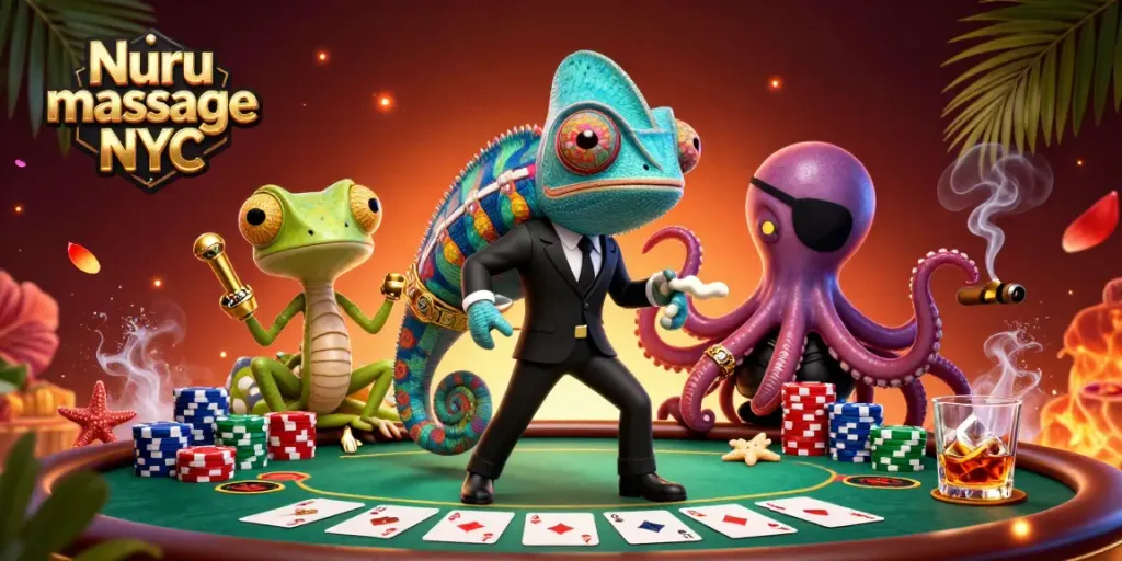 Engage with Nuru massage NYC at a vibrant poker scene featuring stylish characters and casino elements.