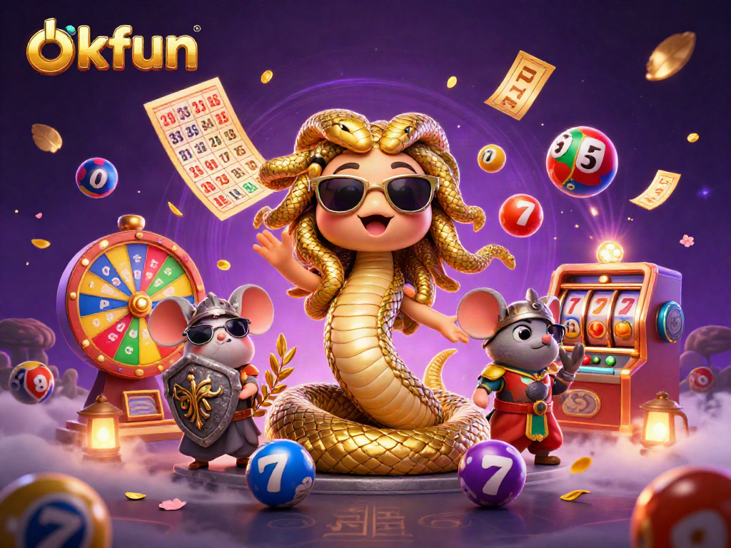 Spin and win with okfun in this vibrant 3D casino scene featuring Medusa and a warrior mouse.