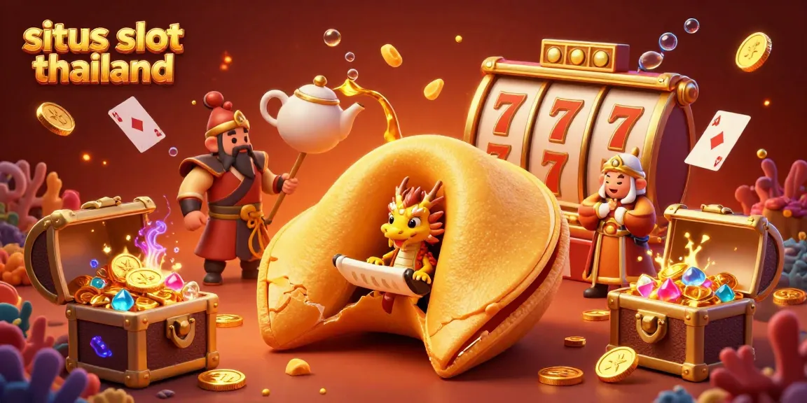 Spin to win with situs slot thailand, featuring fortune cookie and dragon amid gold coins and slot reels.