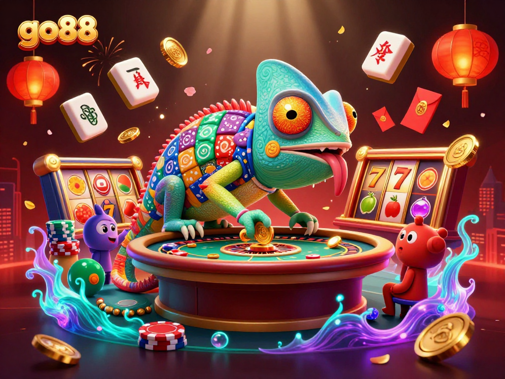 Engage in go88 gaming excitement with a vibrant casino illustration featuring a chameleon host and lively slot reels.