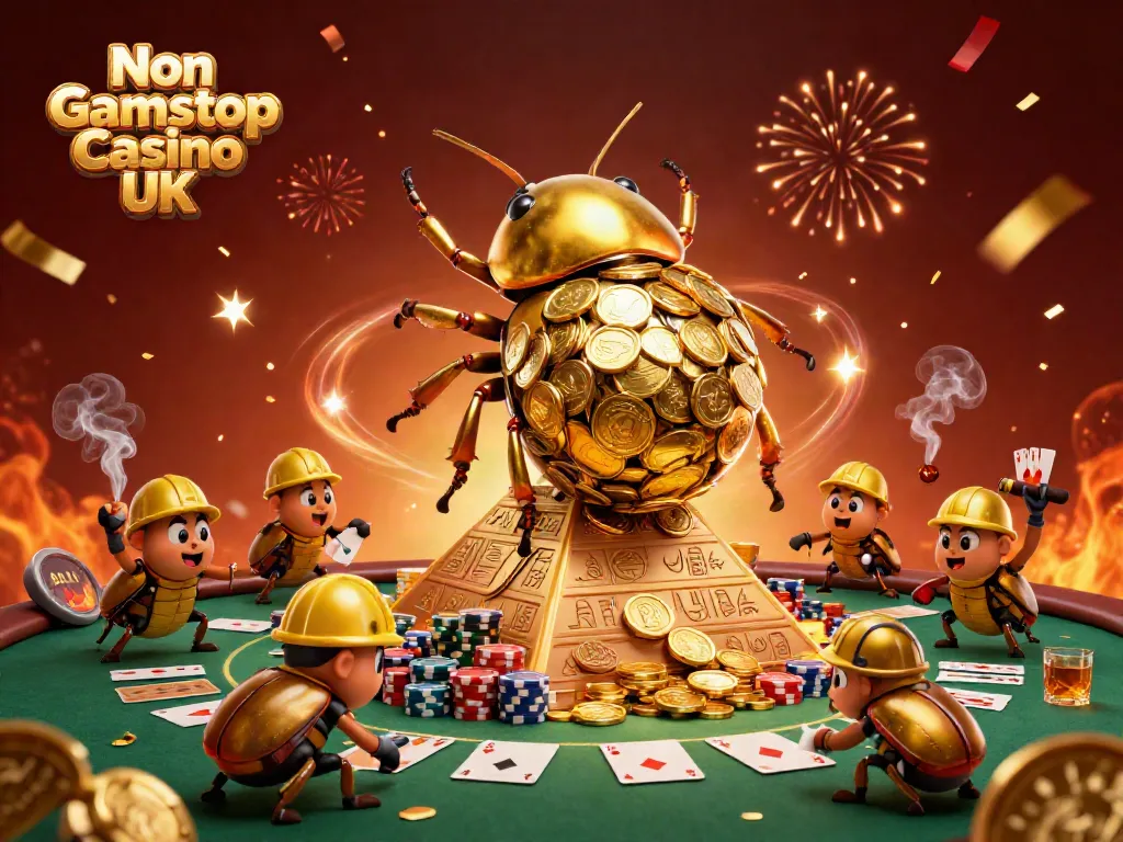 Experience exciting action at Non Gamstop Casino UK with dynamic cartoon beetles and gold coins.
