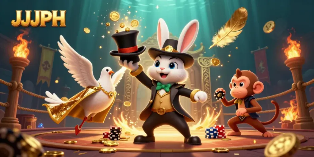 Experience the magic of JJJPH as the rabbit conjures coins amidst colorful casino elements.