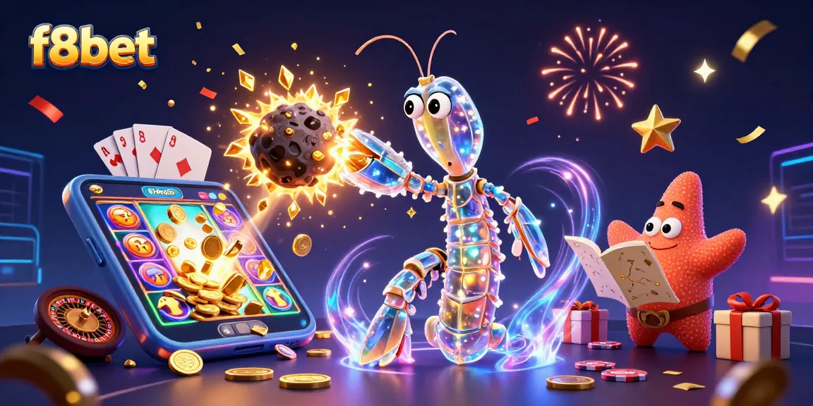 Experience thrilling gameplay with f8bet, featuring a galactic samurai shrimp amidst exploding gems and vibrant casino elements.