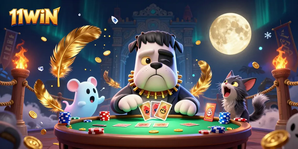 Engage in thrilling casino action with 11WIN as the bulldog dealer shuffles cards.
