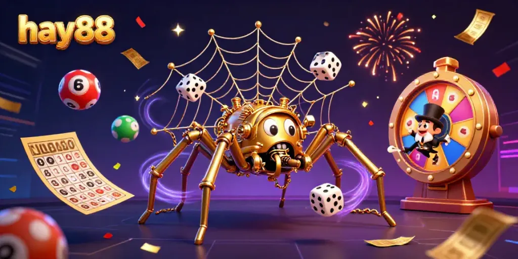 Experience the thrill of hay88's vibrant casino environment with a steampunk spider and amusing fly in a web of games.