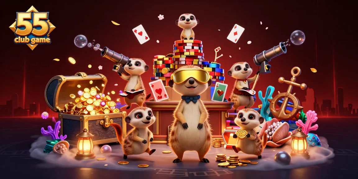 Experience the dynamic 55 club game casino scene with playful meerkats managing vibrant gaming aspects.