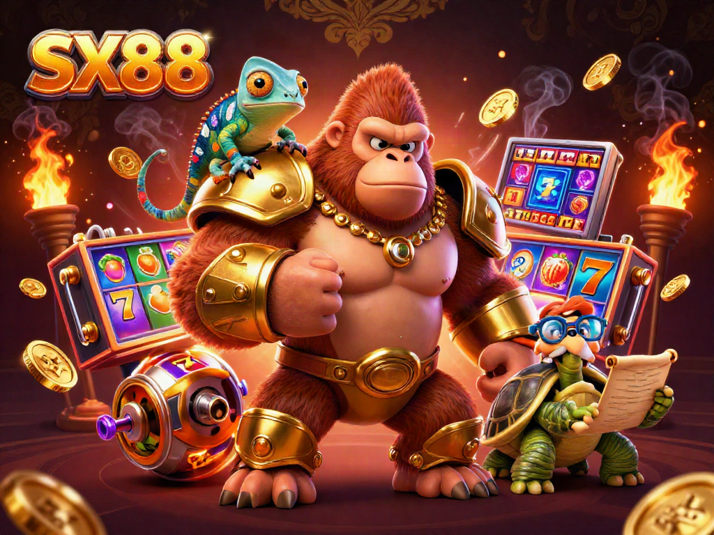 SX88 visualizes exciting slot action with a gorilla king, colorful reels, and vibrant jackpot elements.