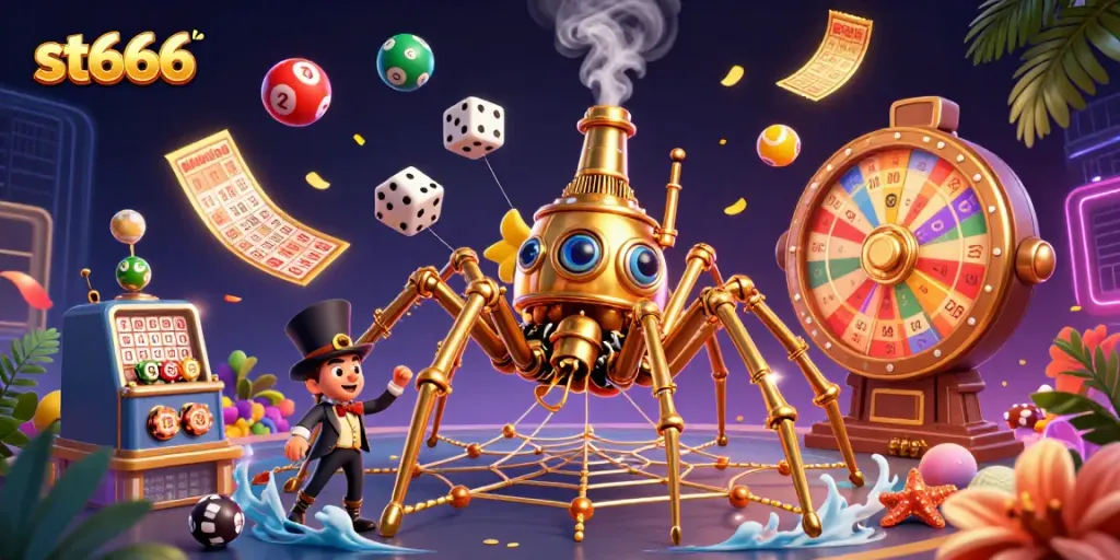 Engage with st666's vibrant 3D casino adventure featuring a steampunk spider amidst dynamic lottery themes.