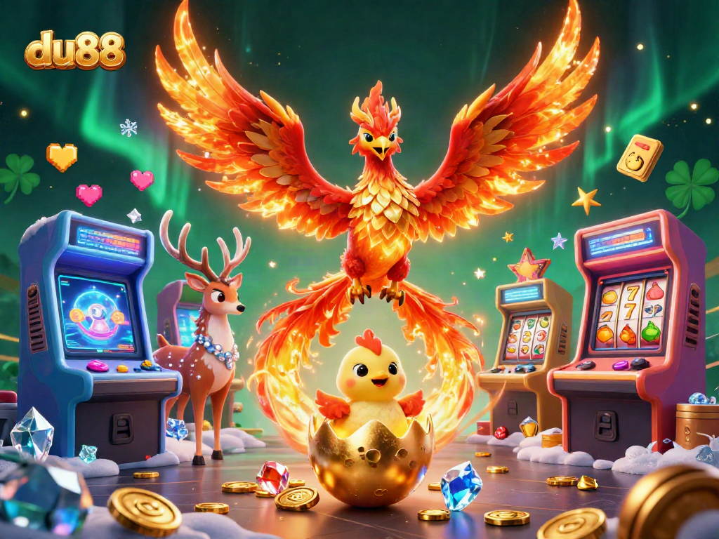 Engage in thrilling du88 slot gameplay, showcasing a vibrant phoenix, golden egg, and mystical stag in a 3D casino setting.