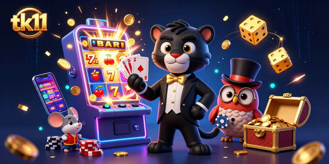 Experience exciting gameplay at tk11 with a stylish panther, owl, and lucky mouse in a colorful casino scene.