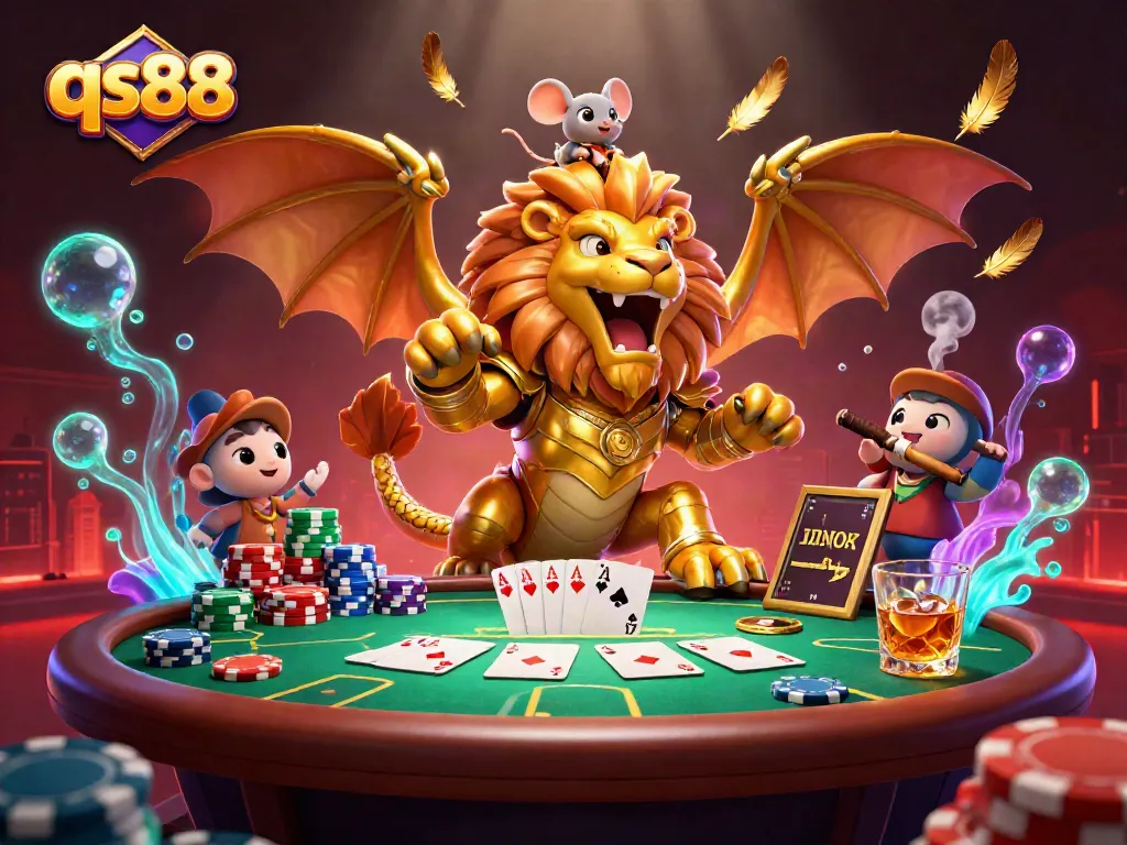 qs88 showcases a stunning chimera creature alongside a poker table, embodying excitement in casino gaming.