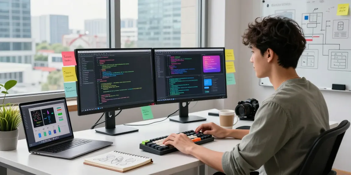 Build internal tools with AI in a modern software development workspace with vibrant coding screens and creative elements.
