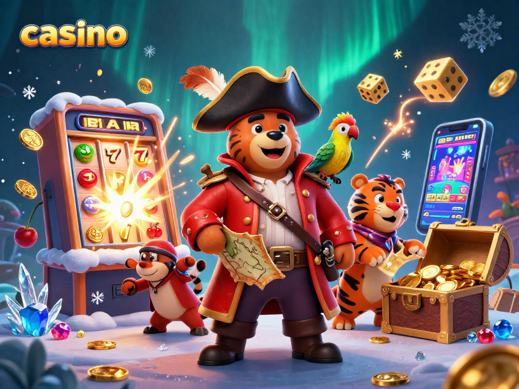 Experience the thrill of casino adventures with a cartoon pirate captain bear and friends.