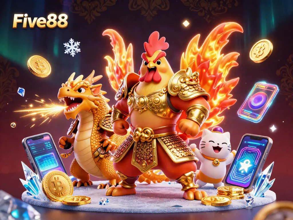 Engage in thrilling gameplay at Five88 while surrounded by vibrant 3D characters and crypto elements.