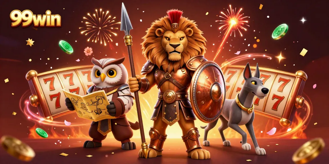 Experience the thrill of slots at 99win with a vibrant 3D casino scene featuring a Spartan lion, wise owl, and swift greyhound.