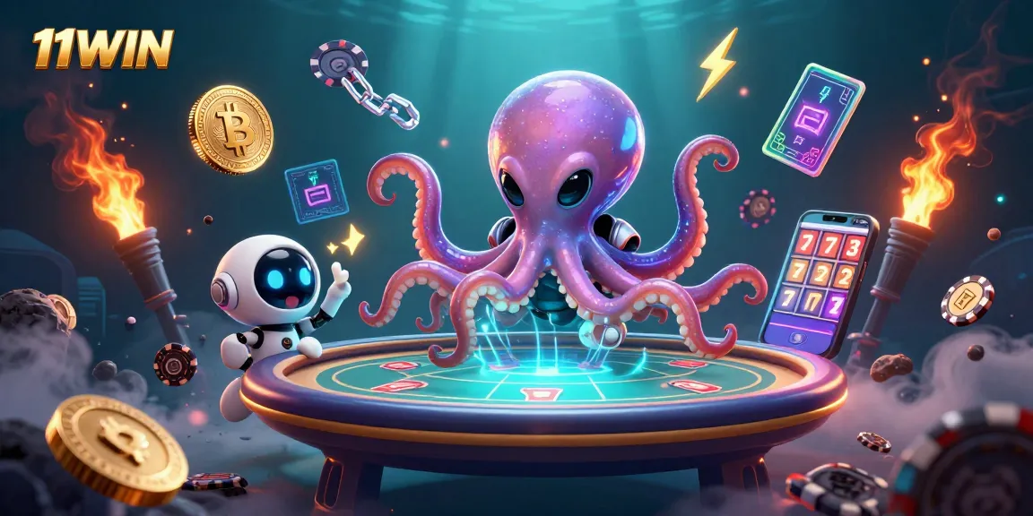 Engage with the alien octopus at 11WIN holographic poker, featuring crypto-themed gaming.