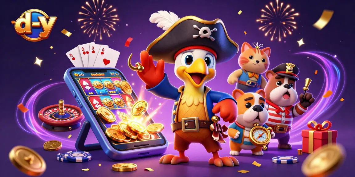 Spin with d-y's vibrant pirate-themed casino adventure featuring slots, cards, and excitement.