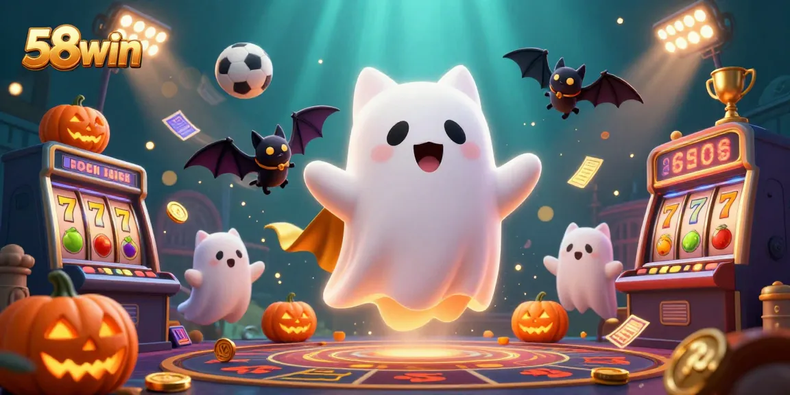 58win engages players with a dynamic gambling scene featuring a ghost cat and vibrant game elements.