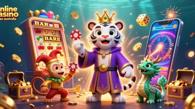 Experience thrills at online casino sites Australia with a vivid scene of a playful casino atmosphere.