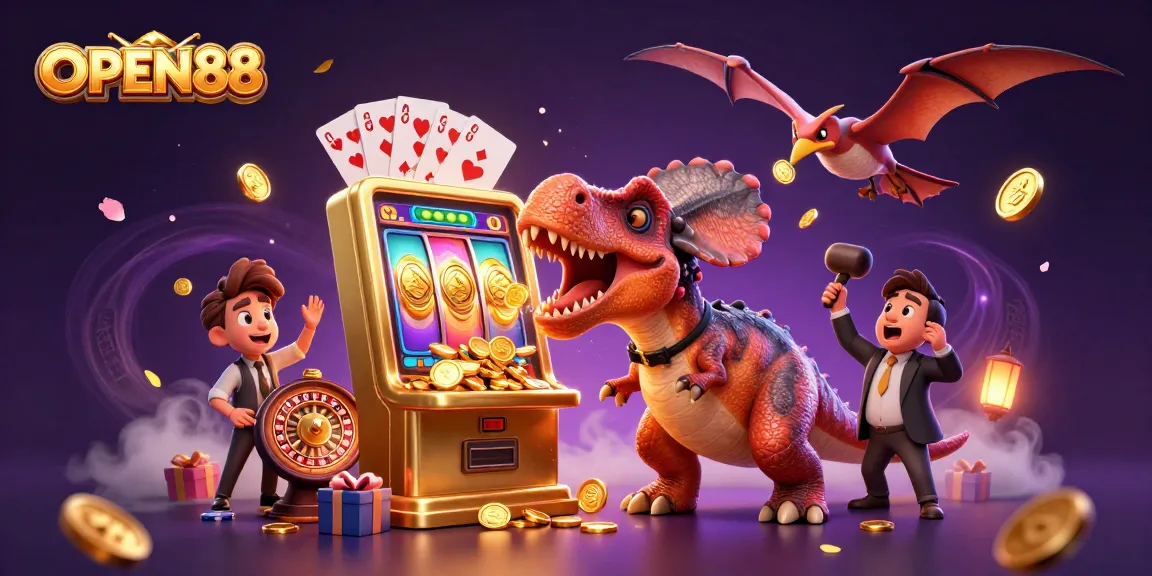 OPEN88 showcases a thrilling scene with a pachycephalosaurus winning coin jackpots at a slot machine.