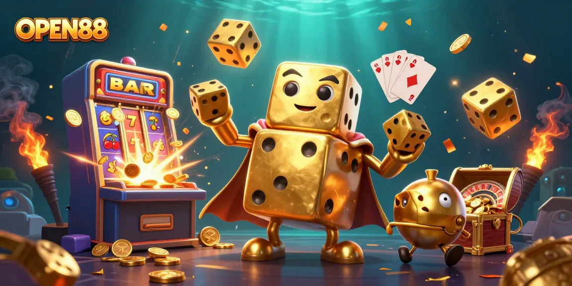 Experience the excitement of OPEN88 with a dazzling illustration of dynamic gaming elements.