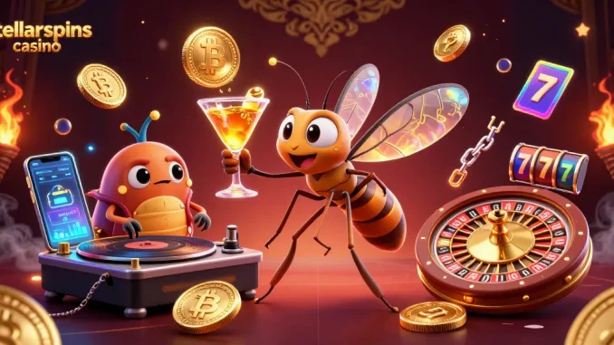 Engage with stellarspins casino through a vibrant, dynamic 3D illustration featuring cryptos and slot elements.