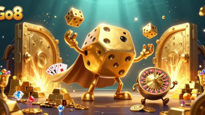 Engage in thrilling experiences with Go8's vibrant 3D casino showcasing golden dice, jewels, and dynamic game elements.
