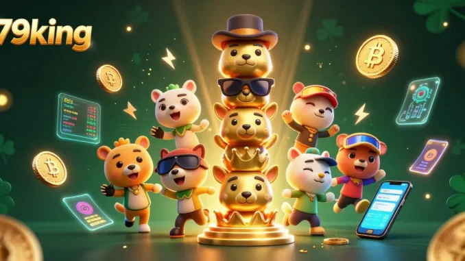 Engage with the vibrant 79king casino world, showcasing a magical 3D totem pole surrounded by crypto coins and dazzling graphics.