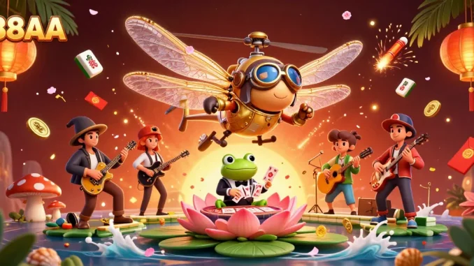 Experience thrilling gameplay with 88AA as a dragonfly pilot and frog croupier engage in a vibrant casino atmosphere.
