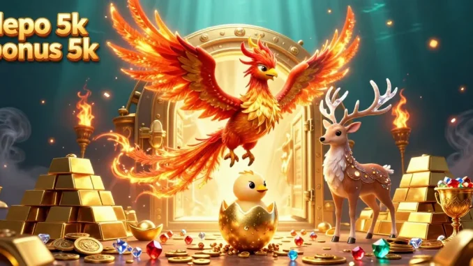 Experience the thrilling depo 5k bonus 5k with a vibrant phoenix scene and overflowing treasures.