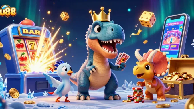 Join the excitement at uu88, where a cartoon T-Rex plays cards while surrounded by lucky symbols and golden chips!