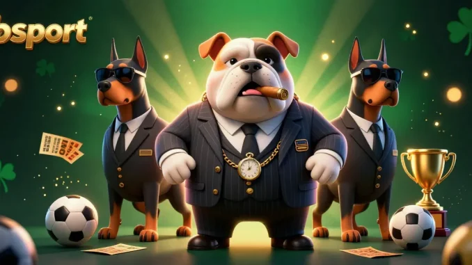 Engage in thrilling sports betting adventures with bsport's dynamic 3D mafia scene featuring a bulldog and Dobermans.