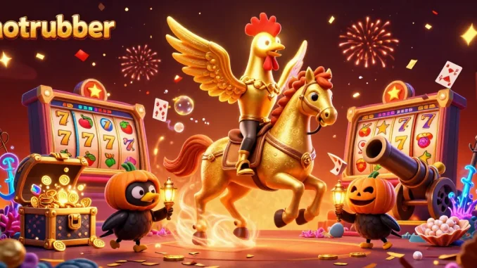 Engage in action at hotrubber's casino with a dazzling scene featuring a golden rooster and dynamic game elements.