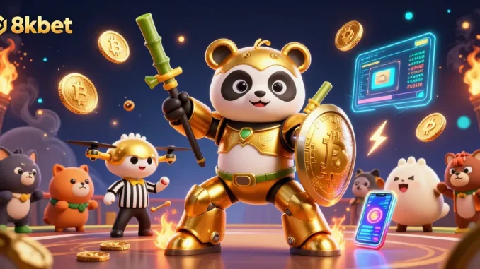 Join the action at 8xbet with a golden panda in a mech-suit battling in an exciting casino arena.