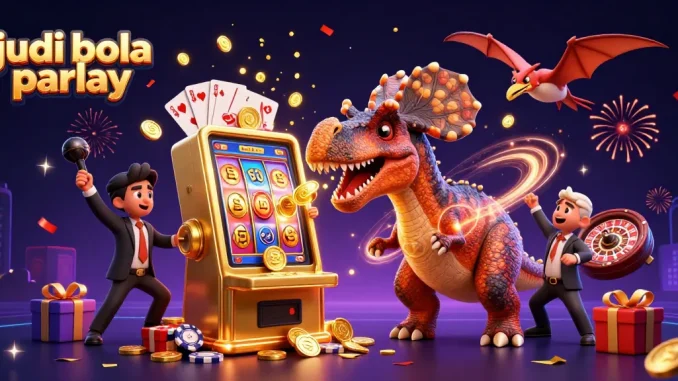Experience judi bola parlay at its best as a whimsical dinosaur interacts with casino elements in this dynamic scene.