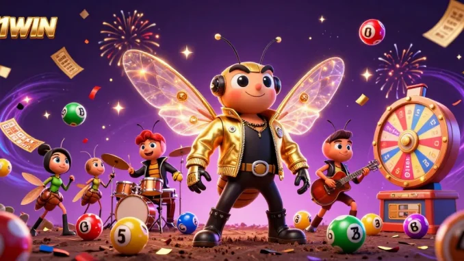 Get ready to win big with the dynamic 11WIN lottery scene featuring exciting characters and vibrant gaming elements!