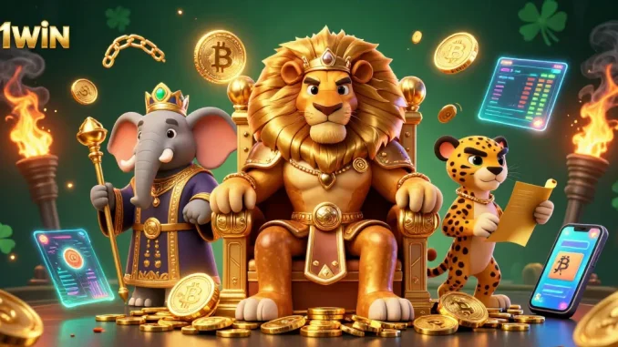 Experience thrilling gameplay at 11WIN, where the lion king reigns in a vibrant casino scene.